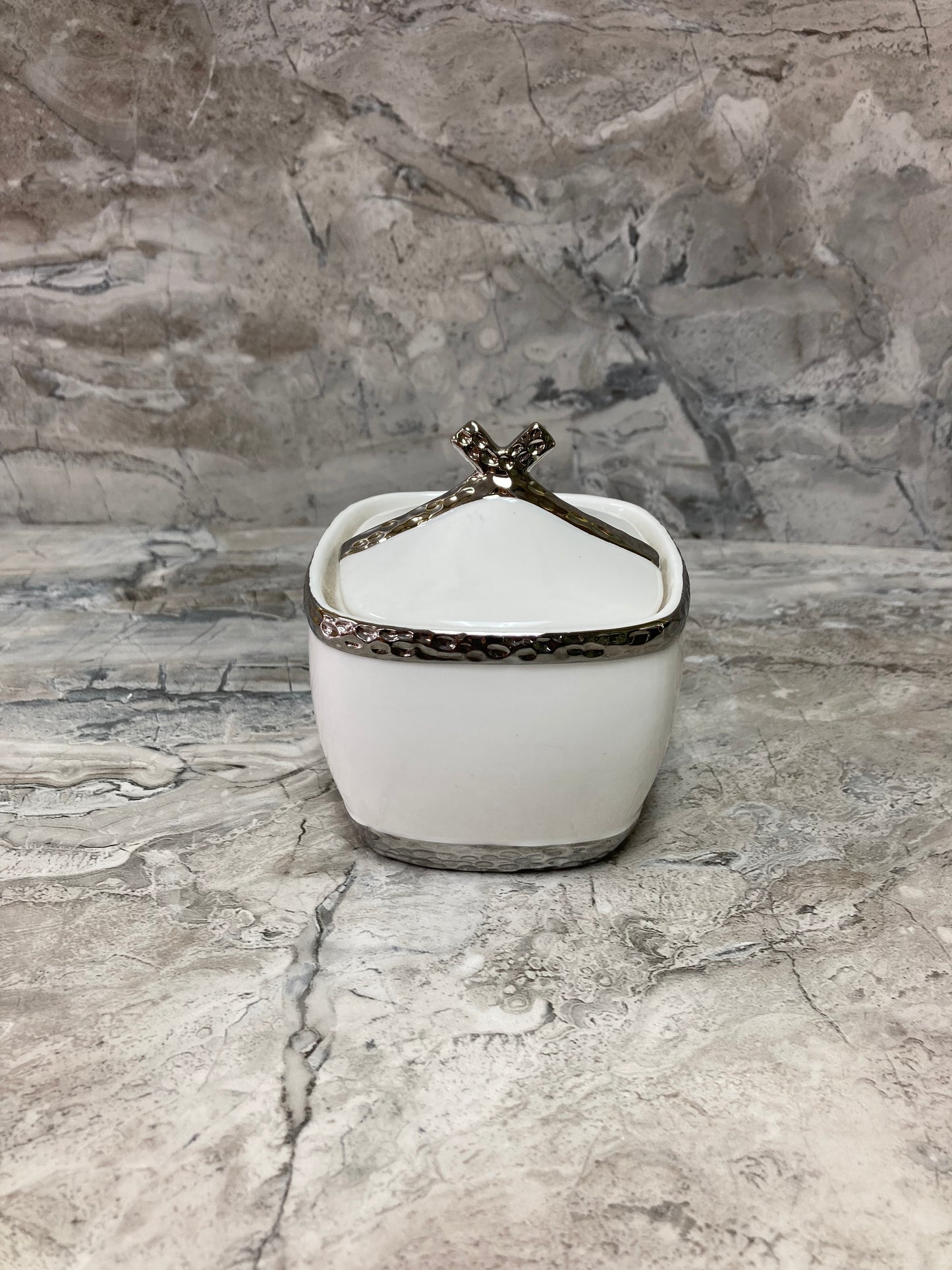 Sugar bowl with lid , white with silver rim .Ceramic.