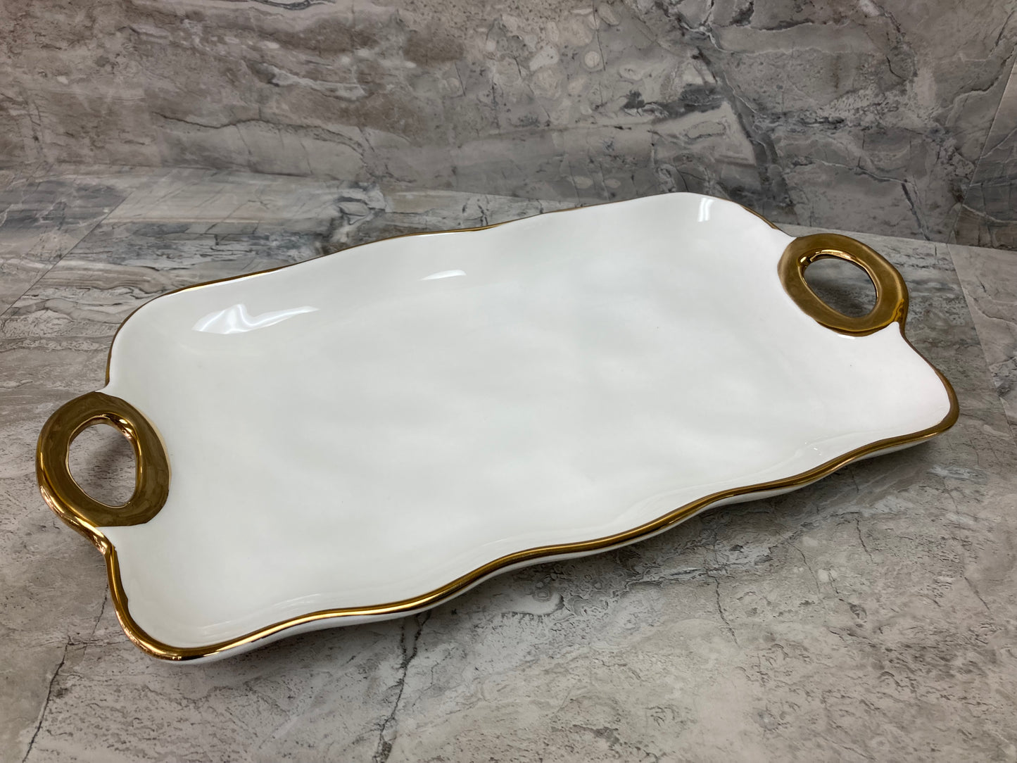 Serving dish tray plate fruits pastry food ,ceramic with gold rim.