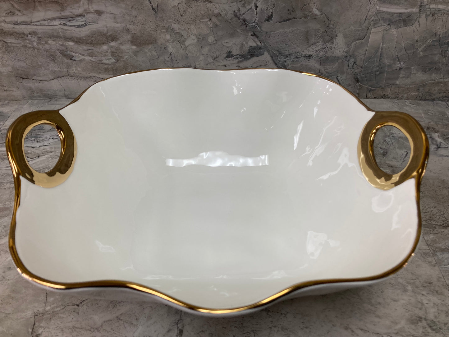 Serving salad dish plate fruits food ,ceramic with gold rim. home decor.