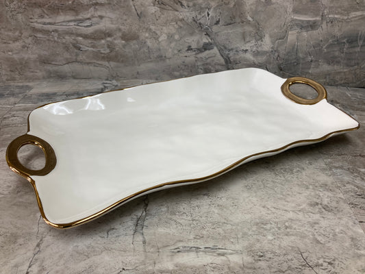 Serving dish tray plate fruits pastry food ,ceramic with gold rim. Rectangular shape.