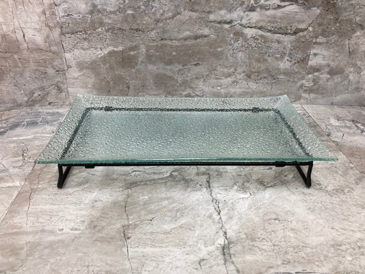 Serving glass rectangular shape dish tray plate with metal stand .Home decor.