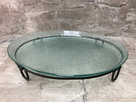 Serving glass oval shape dish tray plate with metal stand .Home decor.