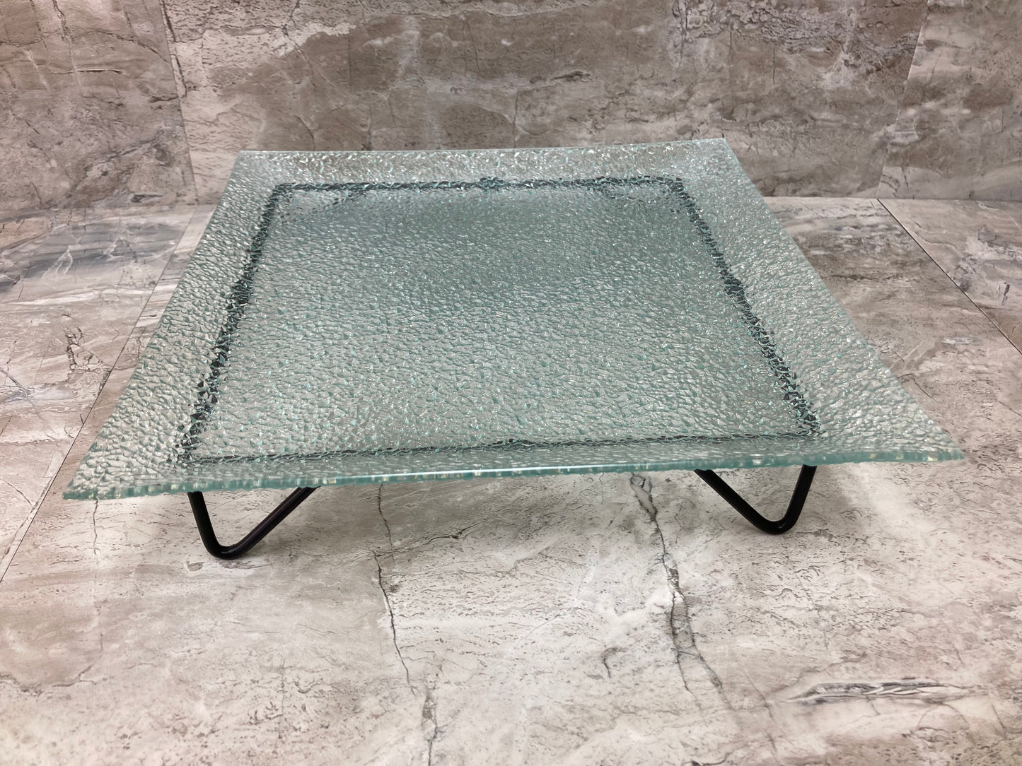 Serving glass square shape dish tray plate with metal stand .Home decor.
