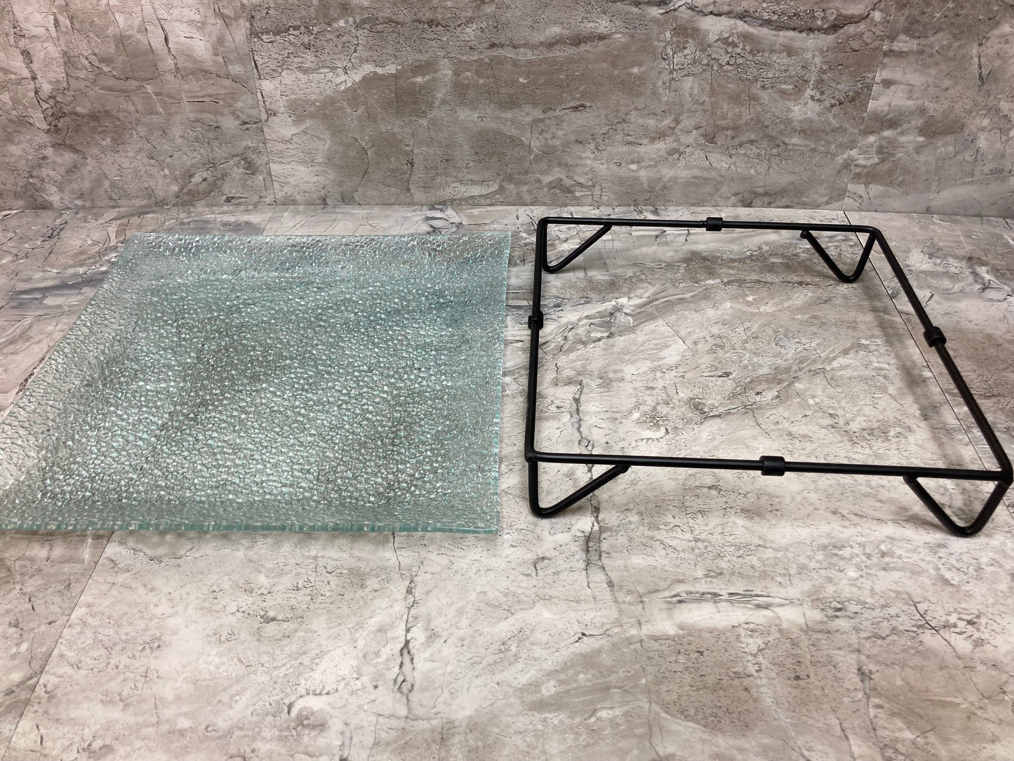 Serving glass square shape dish tray plate with metal stand .Home decor.