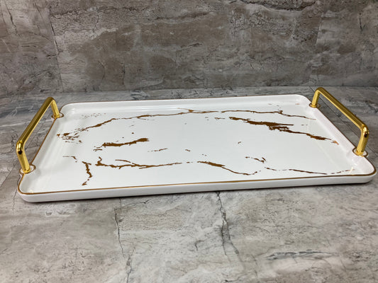 Serving tray plate fruits food ,ceramic marble pattern rectangular shape with metal handles .