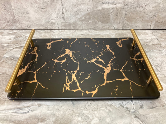 Serving tray plate fruits food cheese ,ceramic marble pattern rectangular shape with metal handles .