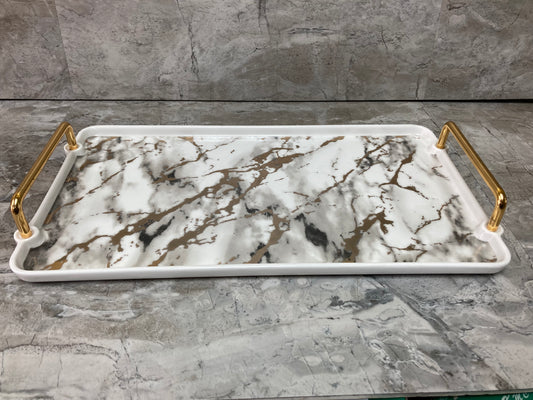Serving tray plate fruits food cheese ,white ceramic marble pattern rectangular shape with metal handles .