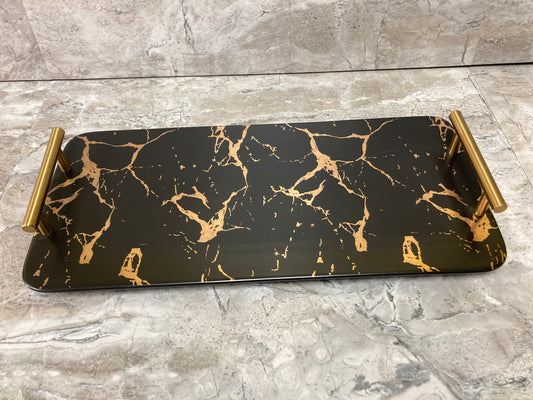 Serving tray plate fruits food cheese ,ceramic marble pattern rectangular shape with metal handles .