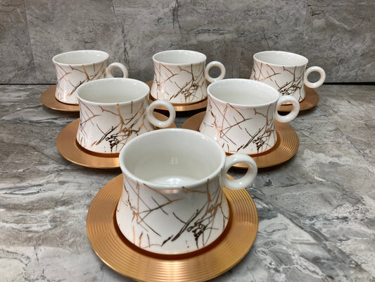 Ceramic Coffee Tea cup and saucer set White Marble pattern .Gold color Metal saucers Home Decor Set of 6 Cups and Saucers.