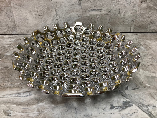 Serving round Ceramic dish plate tray fruits ,silver color .Home decor.
