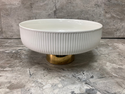 Large round candy dish footed white ceramic with gold color stand. Home decor.