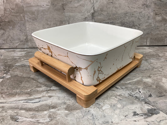 Salad food fruits serving square bowl with wooden base.Marble pattern made of ceramic.