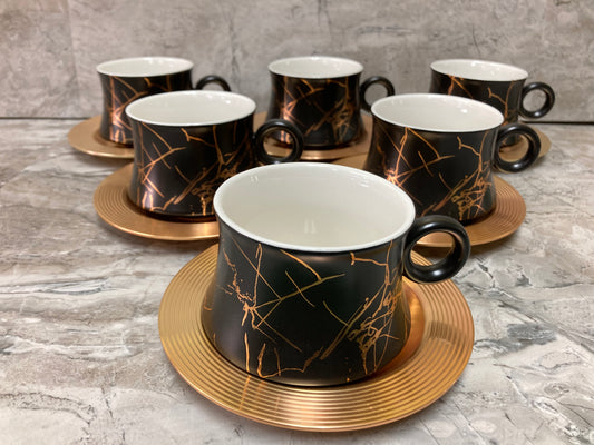 Ceramic Coffee Tea cup and saucer set Black Marble pattern .Gold color Metal saucers Home Decor Set of 6 Cups and Saucers.