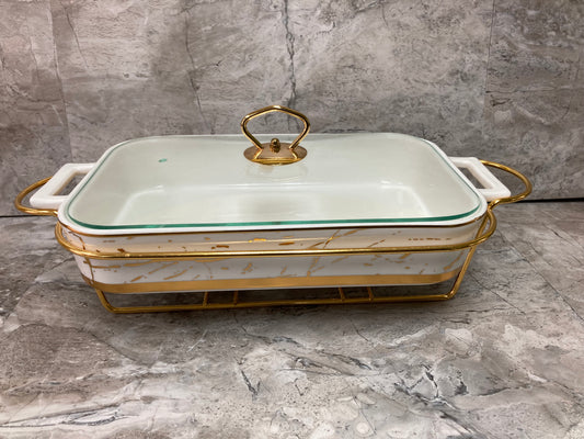 Serving Nordic Style Ceramic White Gold Marble Pattern Food Warmer ,Casserole ,with Glass Lid Metal Gold color Stand. 2 candle places .(candles are not included)