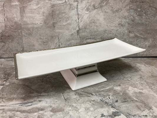 Serving rectangular White Ceramic Platter Tray with stand and silver rim Table top Dish. Cake serving footed plate.