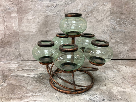 Antique color Metal candle holder Stand 6 Tea Light Candle holders and 6 Green Glasses unique and elegant.