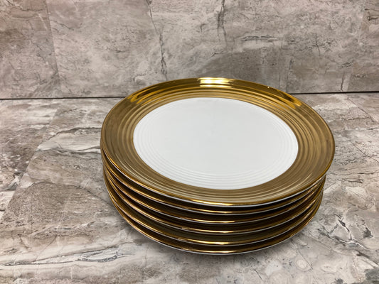 Round dessert appetizer White ceramic Gold 6 pcs Plates dishes fruits  modern  serving elegant .