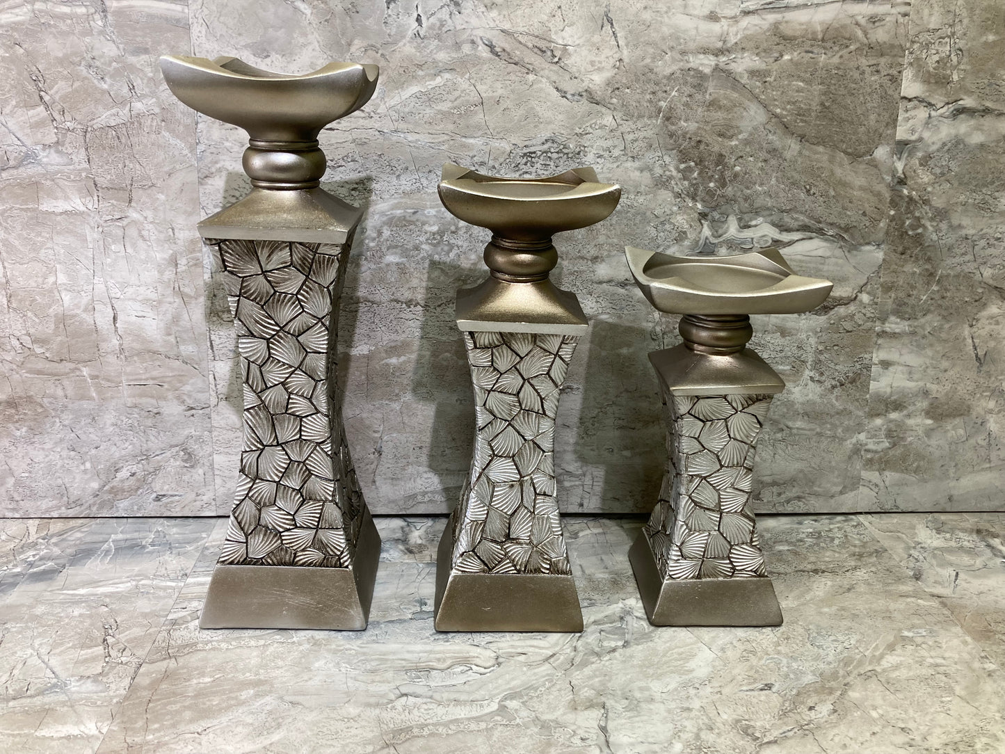 3 Pieces Candle Holder set Gray antique color table top. Home Decor Claasy and Elegant.