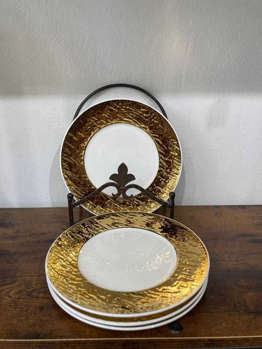 Serving white dessert plates ceramic with gold rim ,hammer pattern 4 pcs set . Home decor.