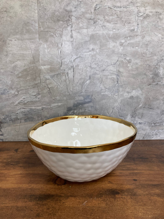 Serving white Salad bowl round with gold color rim. Home decor table top.