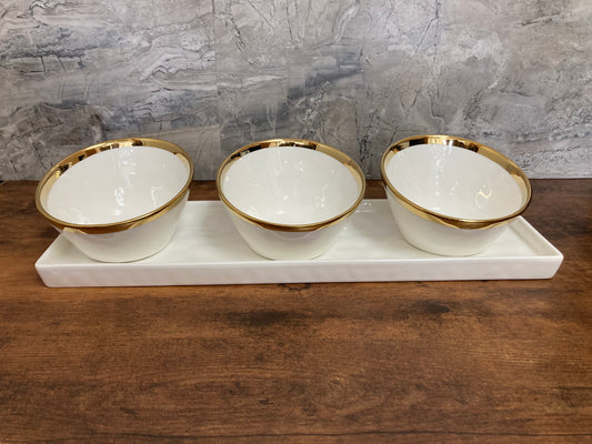 Ceramic 4 pcs set Tray with 3 round bowls with Gold Rim ,Perfect for Serving Dish Olives sauces...