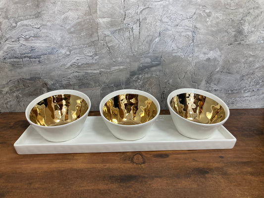 Ceramic 4 pcs set Tray with 3 oval shape bowls inside gold ,Perfect for Serving Dish Olives sauces...