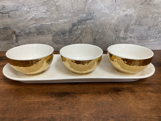 Ceramic 4 pcs set Tray with 3 round bowls with Gold outside ,Perfect for Serving Olives sauces...