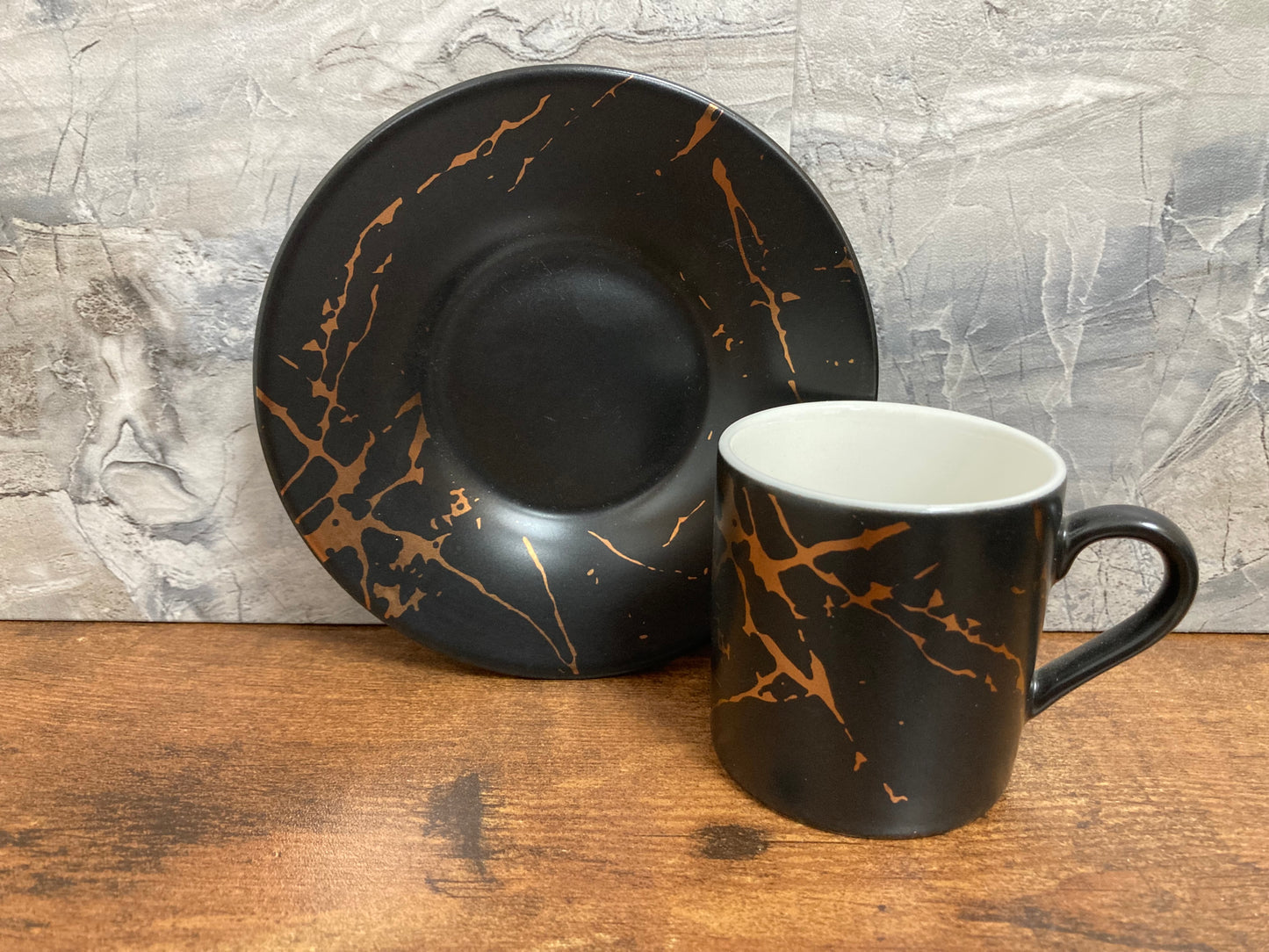 Ceramic Black espresso Coffee cup and saucer set Marble pattern with gold.Home Decor Set of 6 Cups and Saucers.