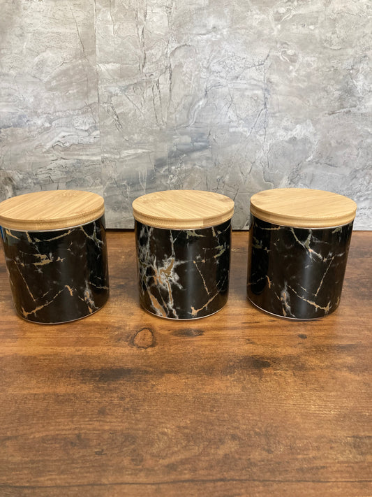 Ceramic Black Marble Pattern 3 pcs Canister Jar Container Set , With airtight Wooden Lid .Home Decor.