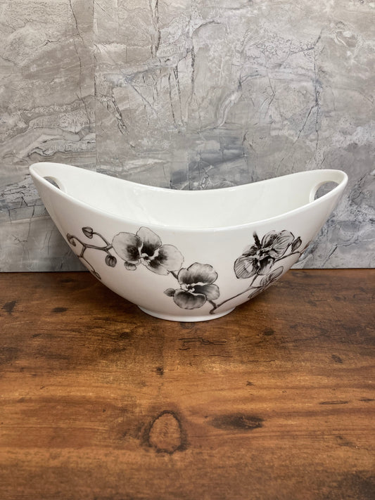 Serving Bowl dish oval shape with black rose pattern .Ceramic.