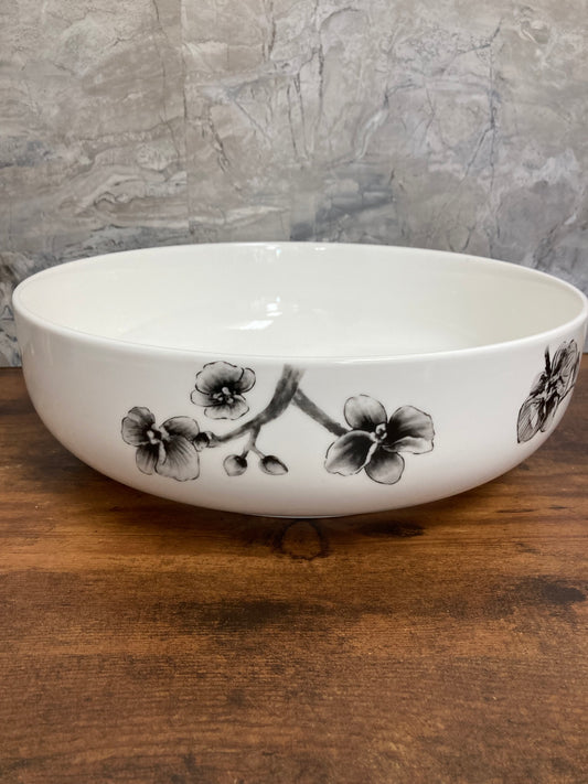 Serving big bowl dish round  shape with black rose pattern .Ceramic.