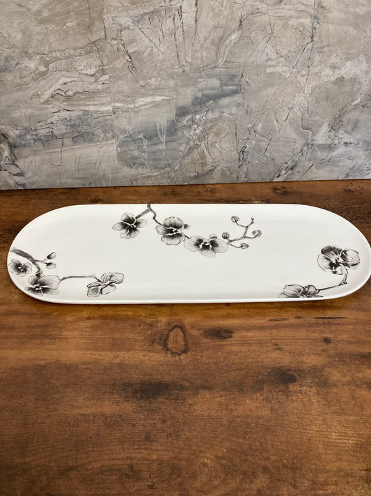 Serving plate dish oval shape with black rose pattern .Ceramic.