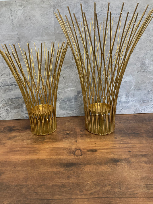 Metal Bamboo style Candle Holder set of 2 , Metallic finish Gold color.Flower Vase shape Modern and elegant.
