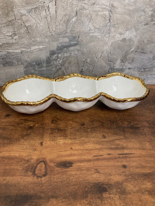 Serving Ceramic 3 sections bowls dish with Wave Gold Rim ,Perfect for fruits Berries Olives sauces...