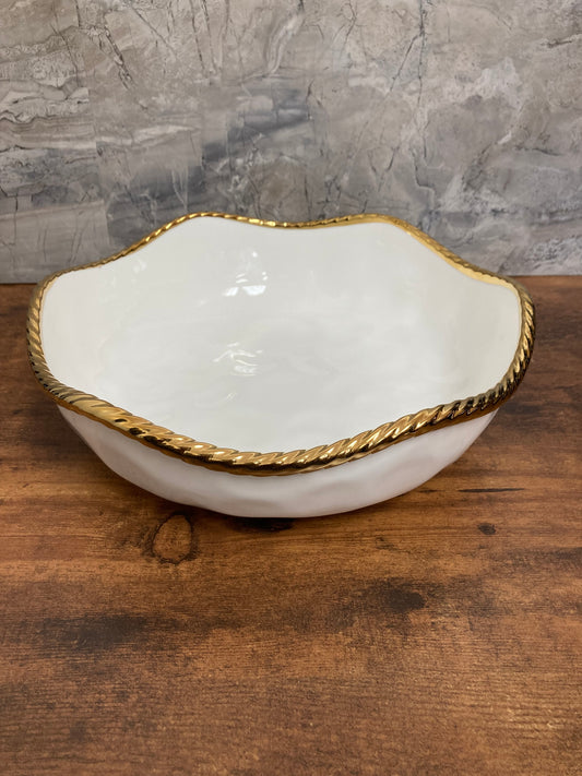 Round Ceramic Salad Fruit Bowl Gold color Rim modern New .Hammered pattern.