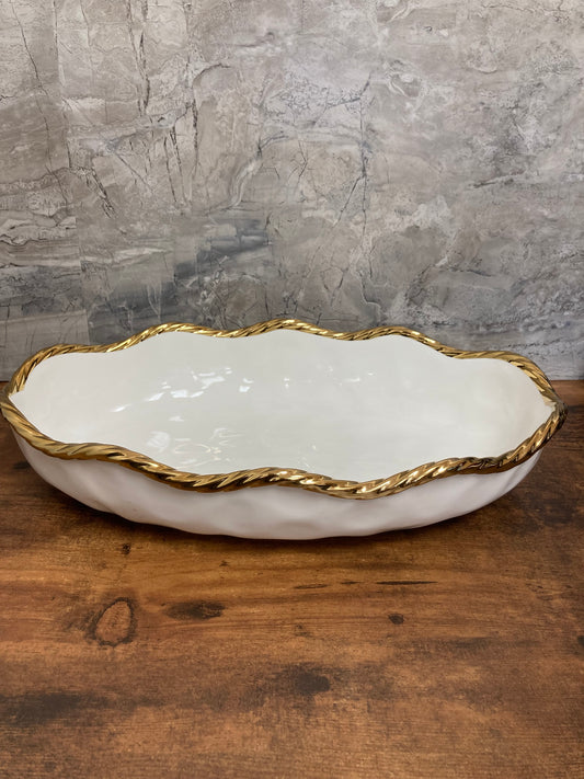 Serving Ceramic oval shape food fruits bowls dish with Wave Gold Rim , fruits .Home decor table top.
