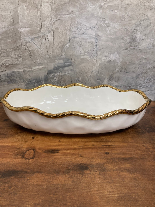 Oval Serving Dish,Tray Platter with Wave Gold Rim Stylish modern.