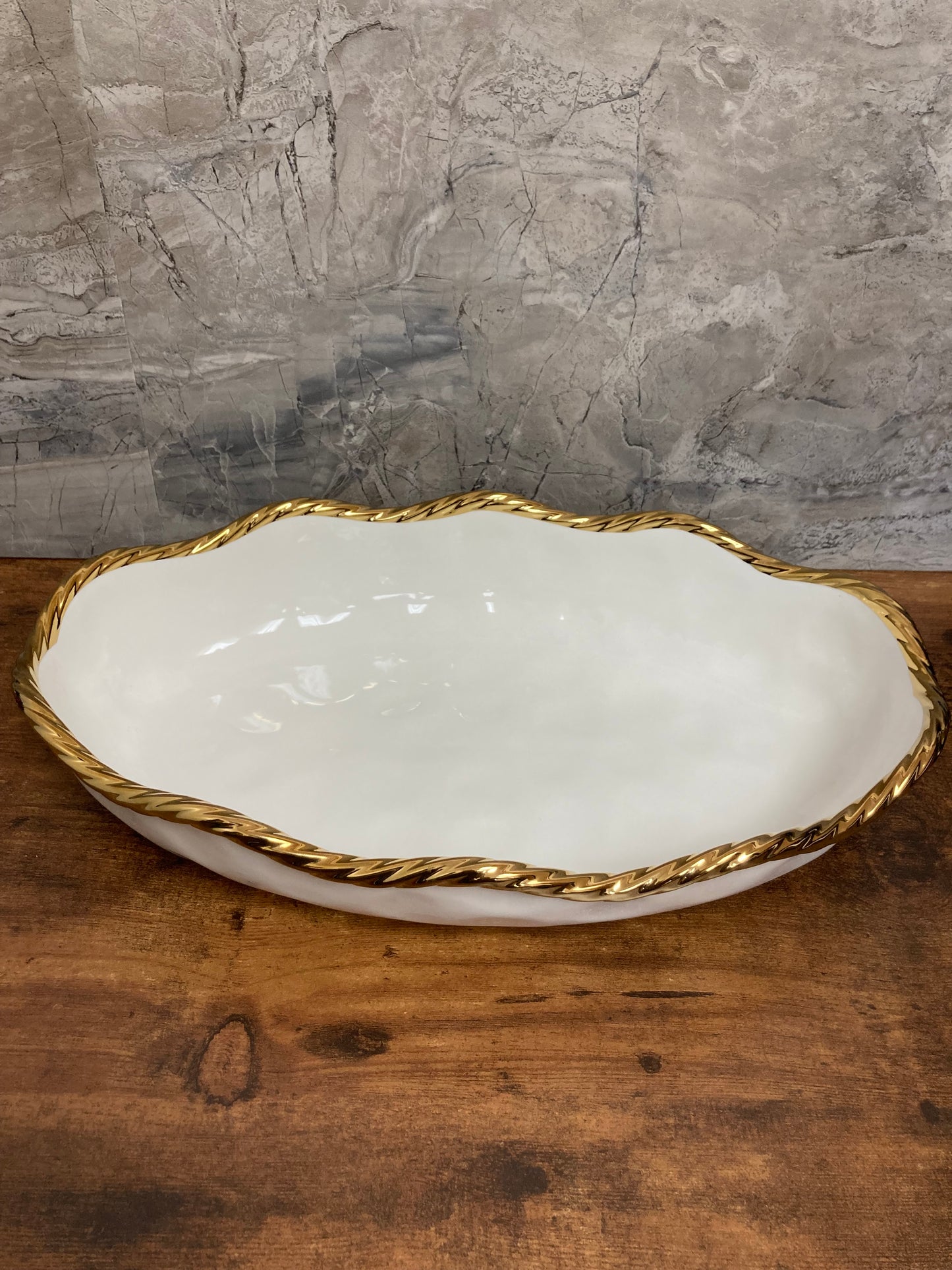 Oval Serving Dish,Tray Platter with Wave Gold Rim Stylish modern.