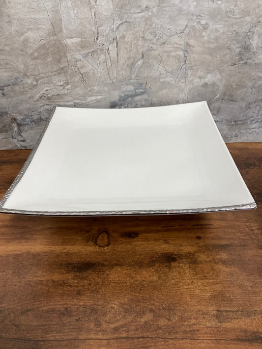Serving square White Ceramic Platter Tray with stand and silver rim Table top Dish. Cake serving footed plate.