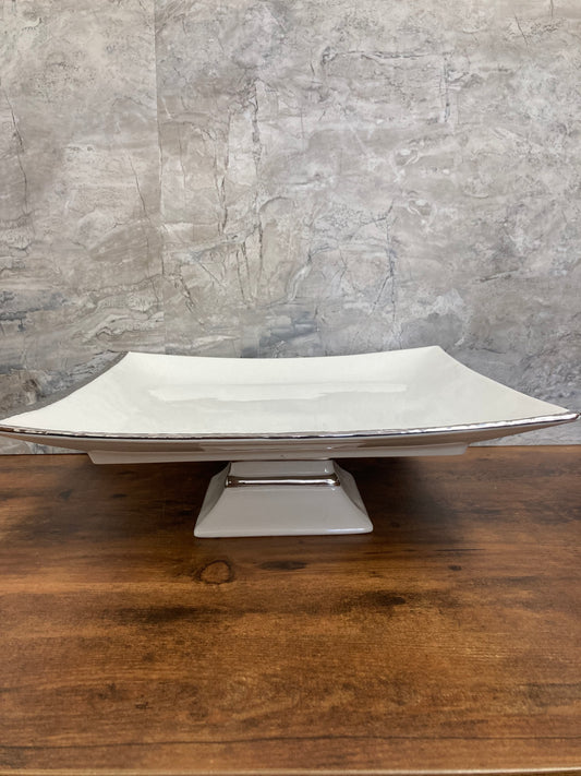 Serving square White Ceramic Platter Tray with stand and silver rim Table top Dish. Cake serving footed plate.