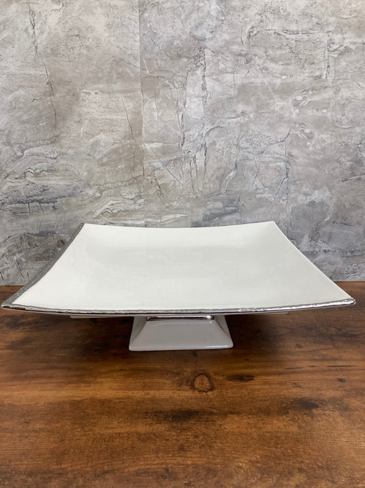 Elegant Square White Ceramic Serving Platter Tray footed with silver rim Table top Dish. Cake Stand plate.