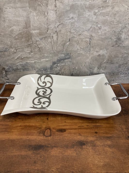 White Ceramic Serving Dish, With Silver color handles and Design , Deep Tray Platter Stylish.