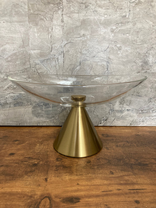 Center piece fruits cake glass top and metal base elegant classy unique home decor . Oval shape .