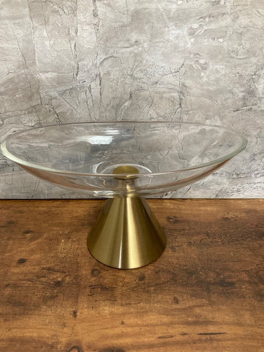 Center piece fruits cake glass top and metal base elegant classy unique home decor . Oval shape .