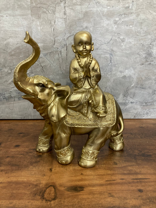 Golden Elephant Baby Buddha Monk Statue With Trunk Up Figurine.Home Decor.