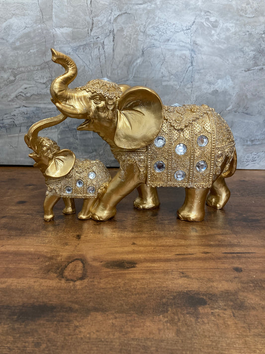 Golden Elephant Mom and baby  Statue With Trunk Up Figurine.Home Decor.Glitter and stones.