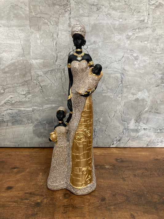 African American Family Mother  Lady with babies statute figurine Gold glitter color Elegant Home decor.