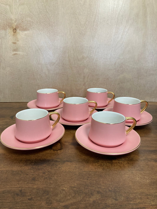 Ceramic PINK Coffee Espresso  cup and saucer set  with Gold Rim .Home Decor Set of 6 Cups and Saucers.