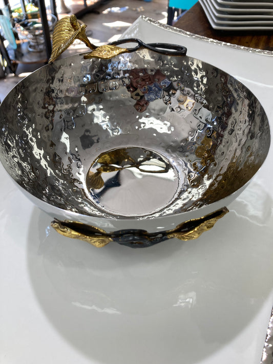 Stainless steel Salad Serving Dish, Fruit Bowl Hammered pattern ,Antique look design with flower.