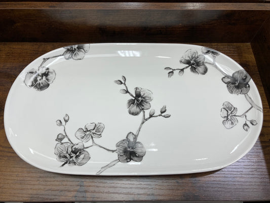 Serving large plate dish oval shape with black rose pattern .Ceramic.